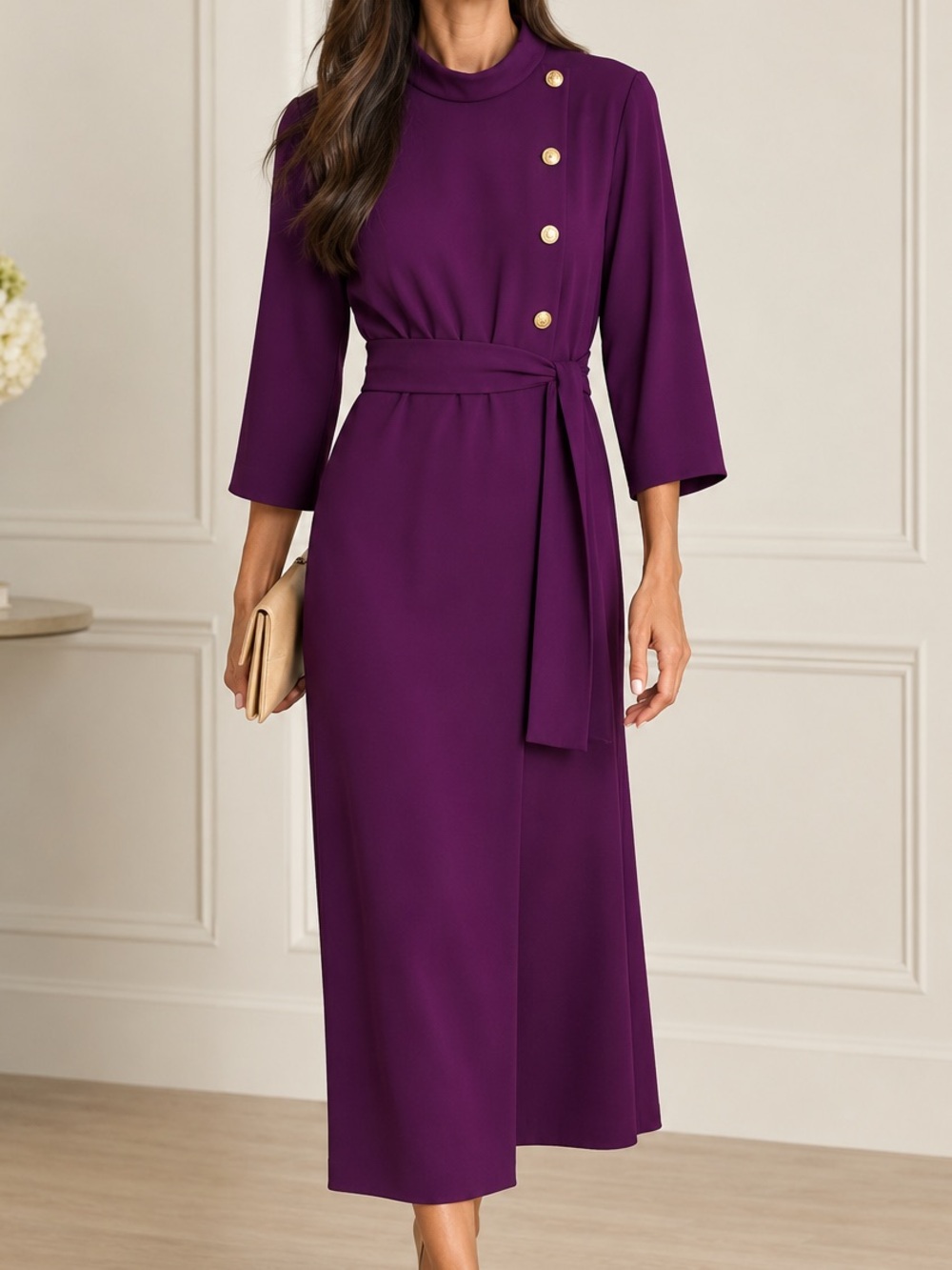 Zara Purple Midi Dress with Gold Buttons and Waist Tie